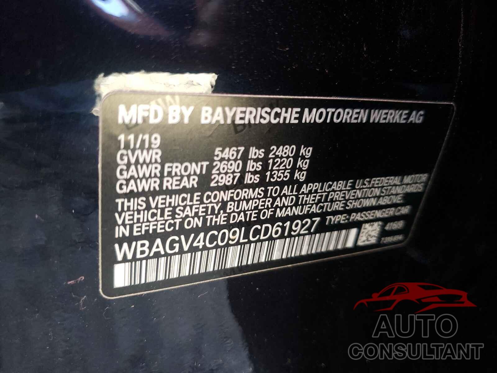 BMW 8 SERIES 2020 - WBAGV4C09LCD61927