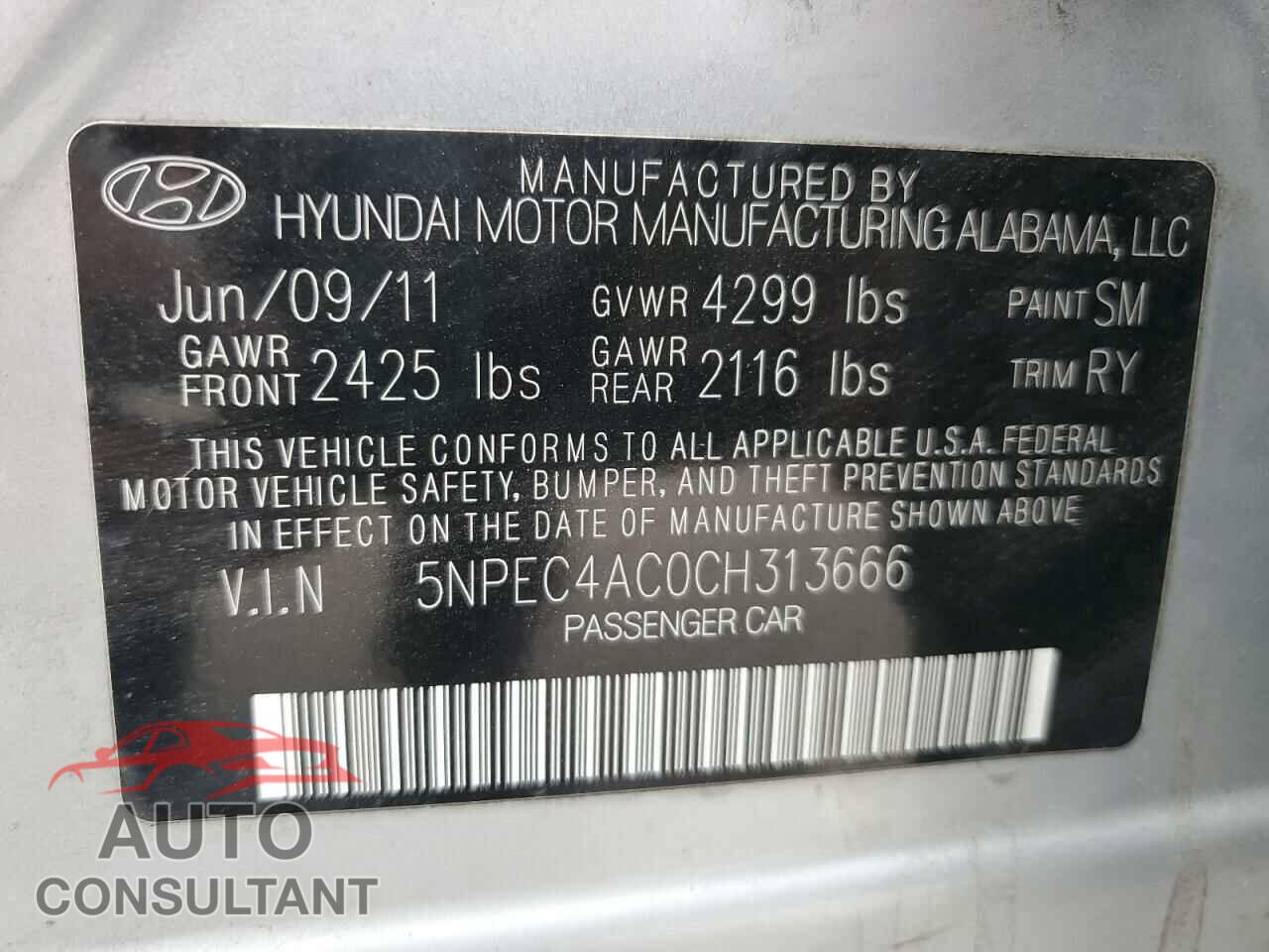 HYUNDAI SONATA 2012 - 5NPEC4AC0CH313666