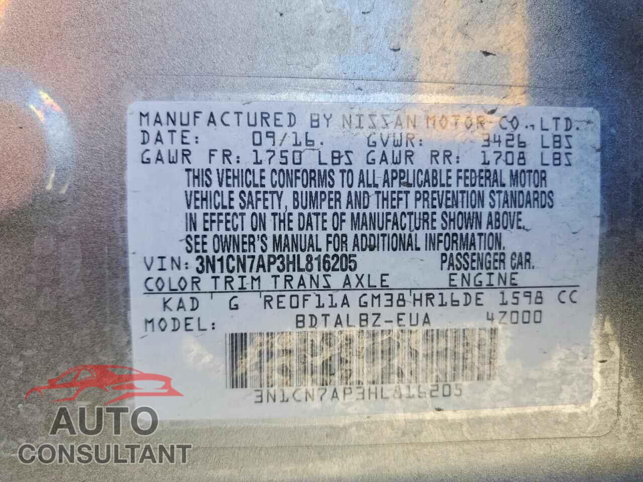 NISSAN VERSA 2017 - 3N1CN7AP3HL816205