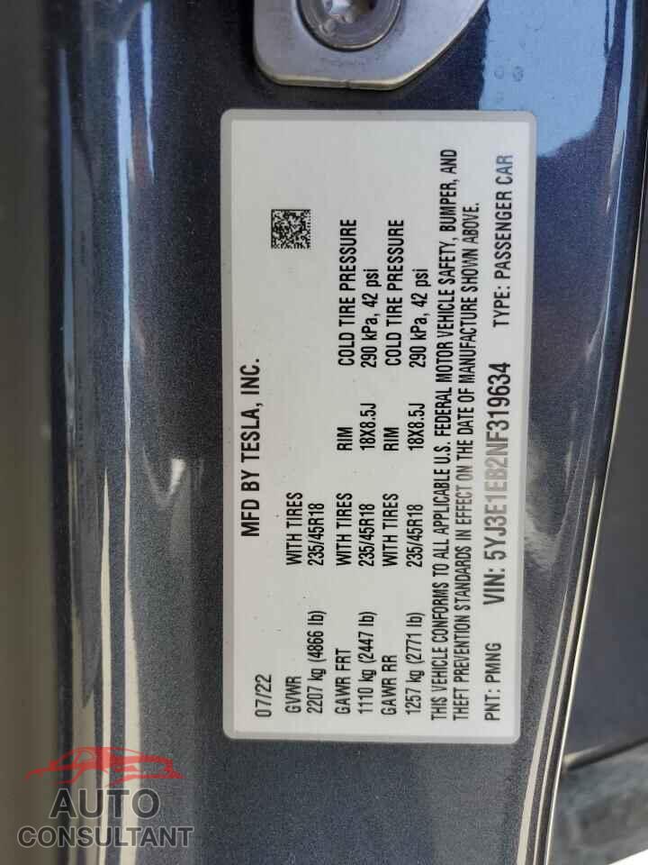 TESLA MODEL 3 2022 - 5YJ3E1EB2NF319634