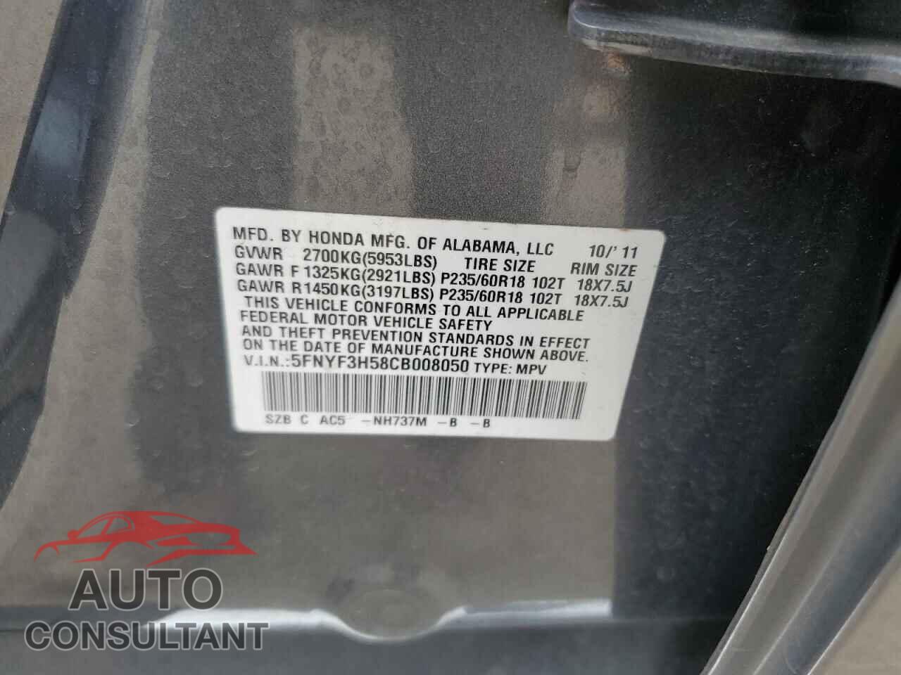 HONDA PILOT 2012 - 5FNYF3H58CB008050