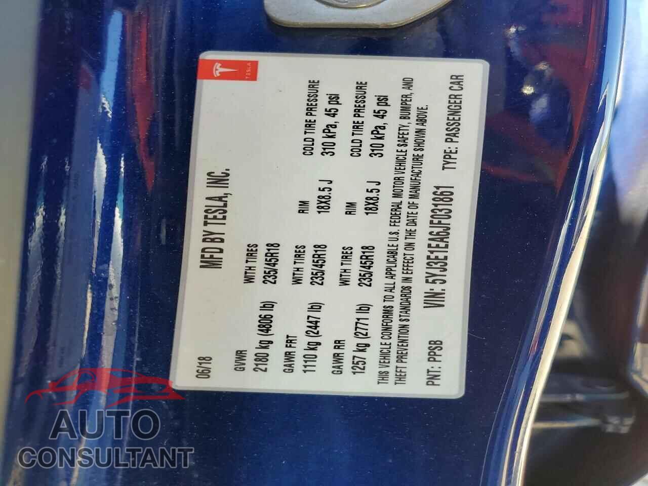 TESLA MODEL 3 2018 - 5YJ3E1EA6JF031861