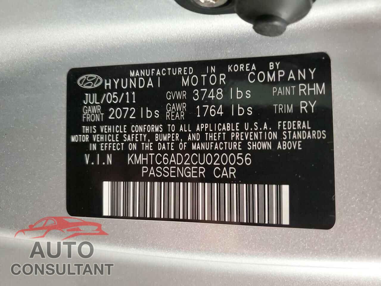 HYUNDAI VELOSTER 2012 - KMHTC6AD2CU020056