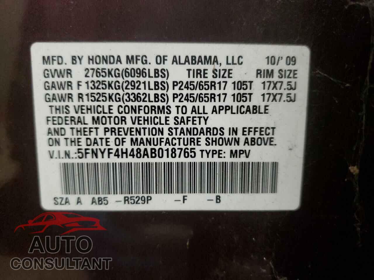 HONDA PILOT 2010 - 5FNYF4H48AB018765