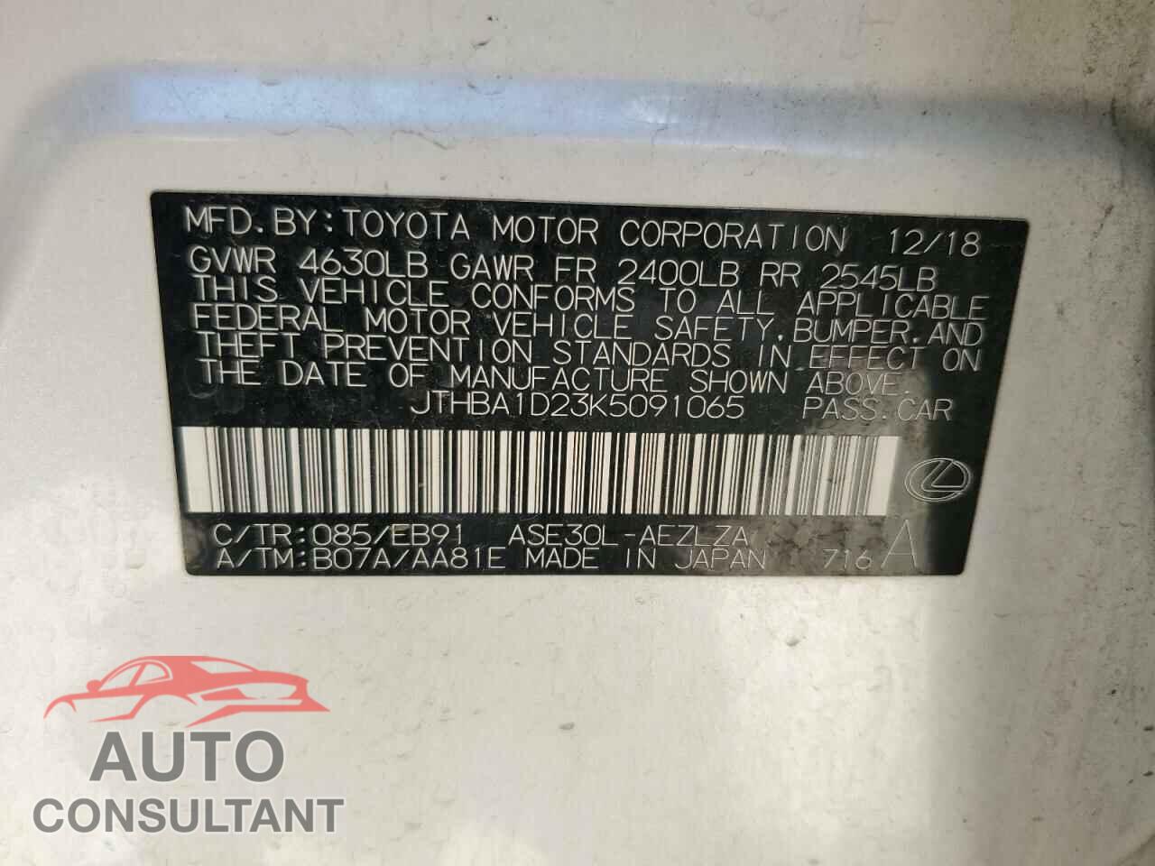 LEXUS IS 2019 - JTHBA1D23K5091065