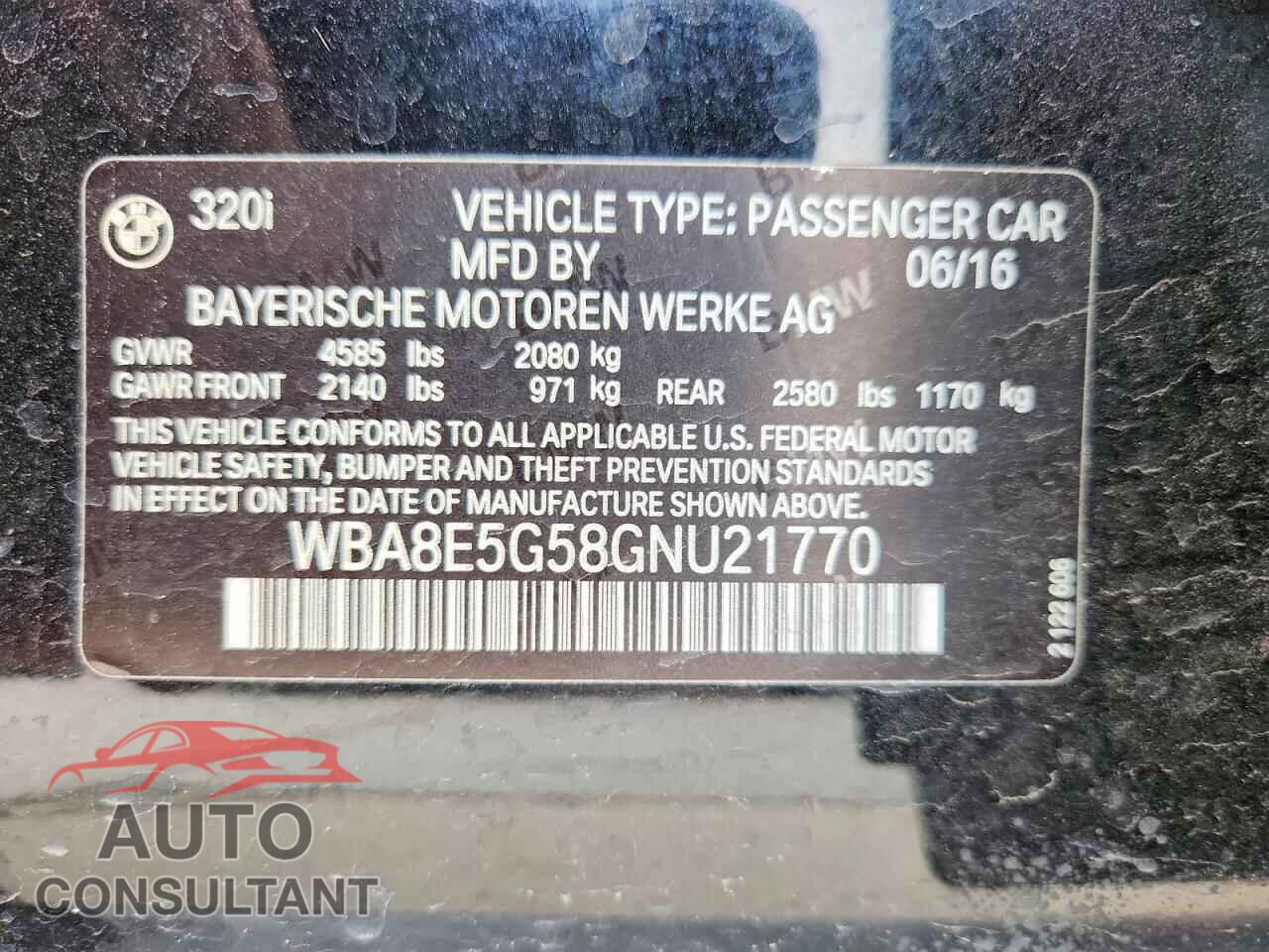 BMW 3 SERIES 2016 - WBA8E5G58GNU21770