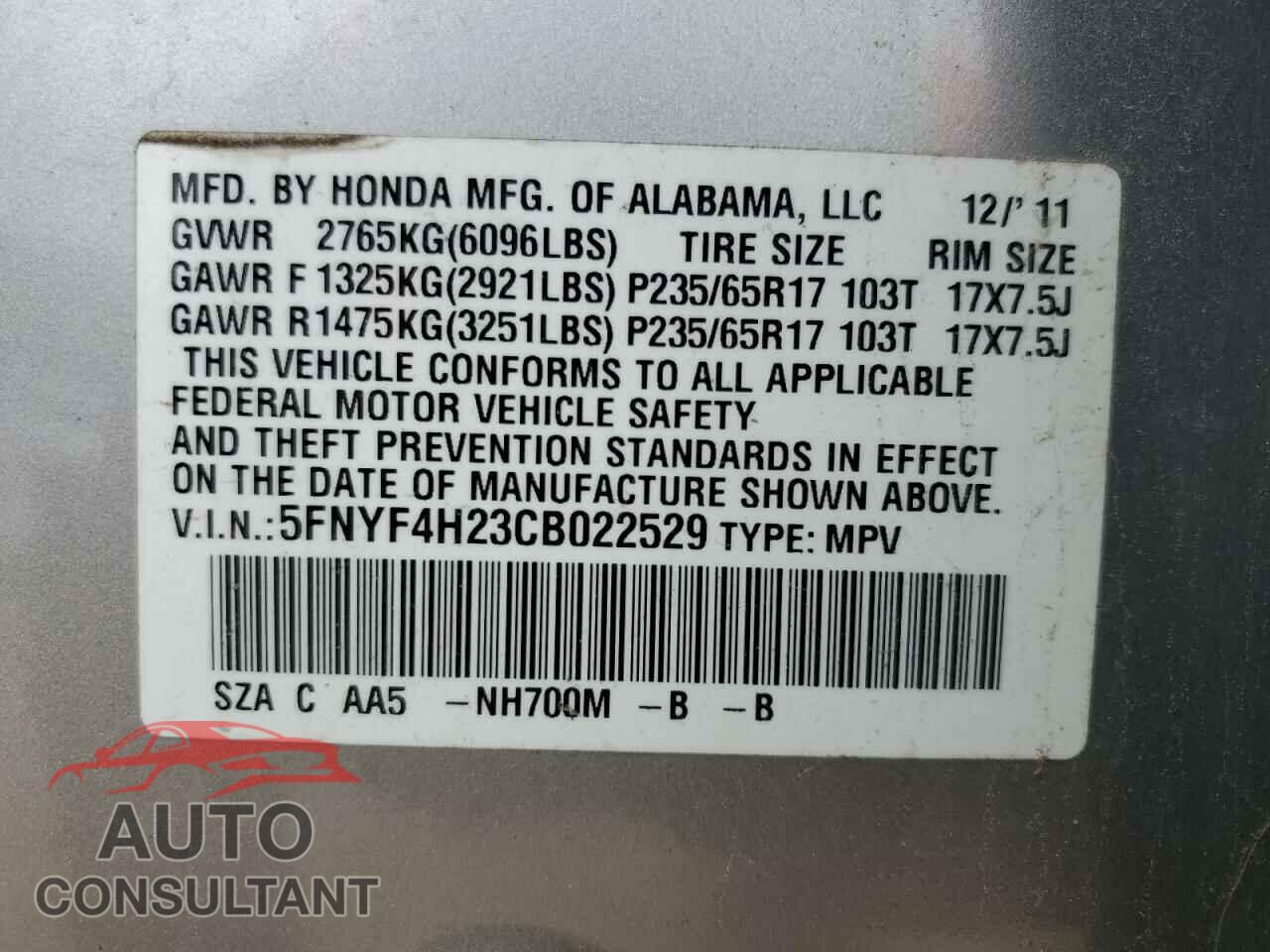 HONDA PILOT 2012 - 5FNYF4H23CB022529