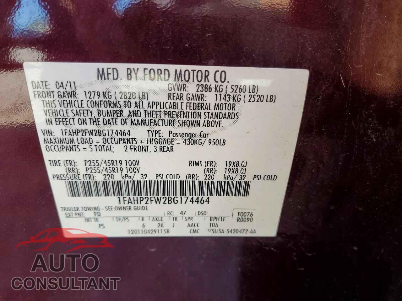 FORD TAURUS 2011 - 1FAHP2FW2BG174464