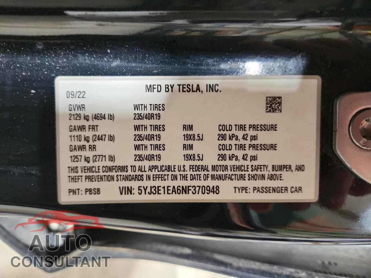 TESLA MODEL 3 2022 - 5YJ3E1EA6NF370948
