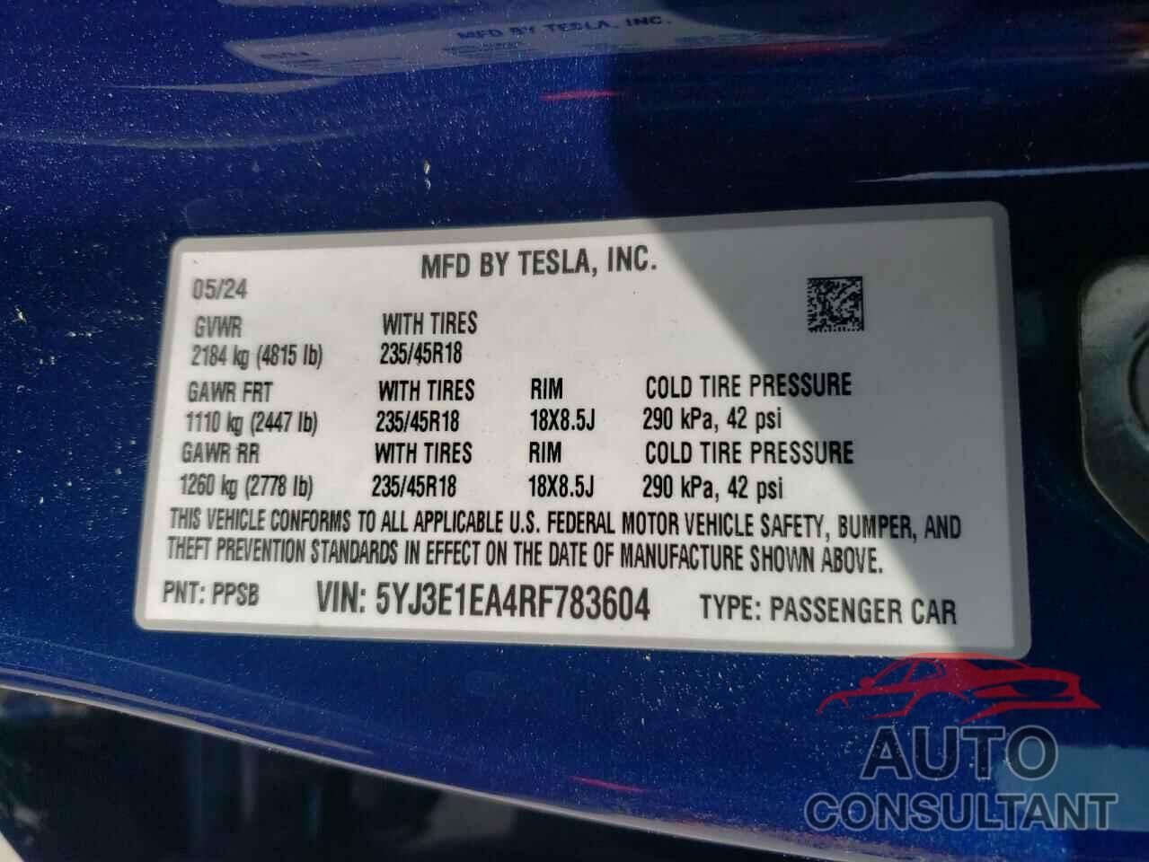 TESLA MODEL 3 2024 - 5YJ3E1EA4RF783604
