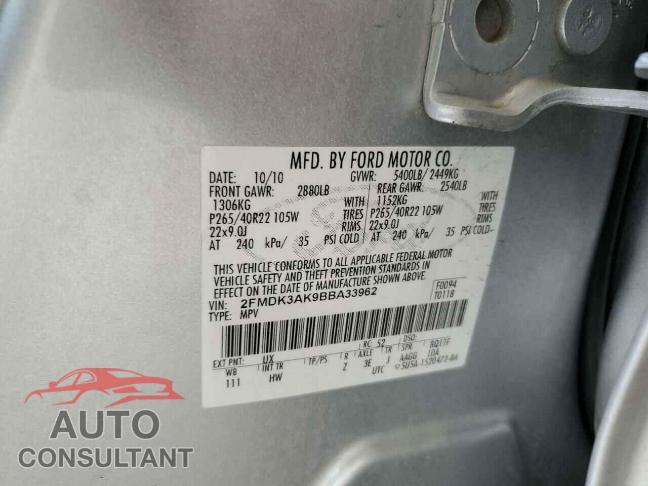 FORD EDGE 2011 - 2FMDK3AK9BBA33962