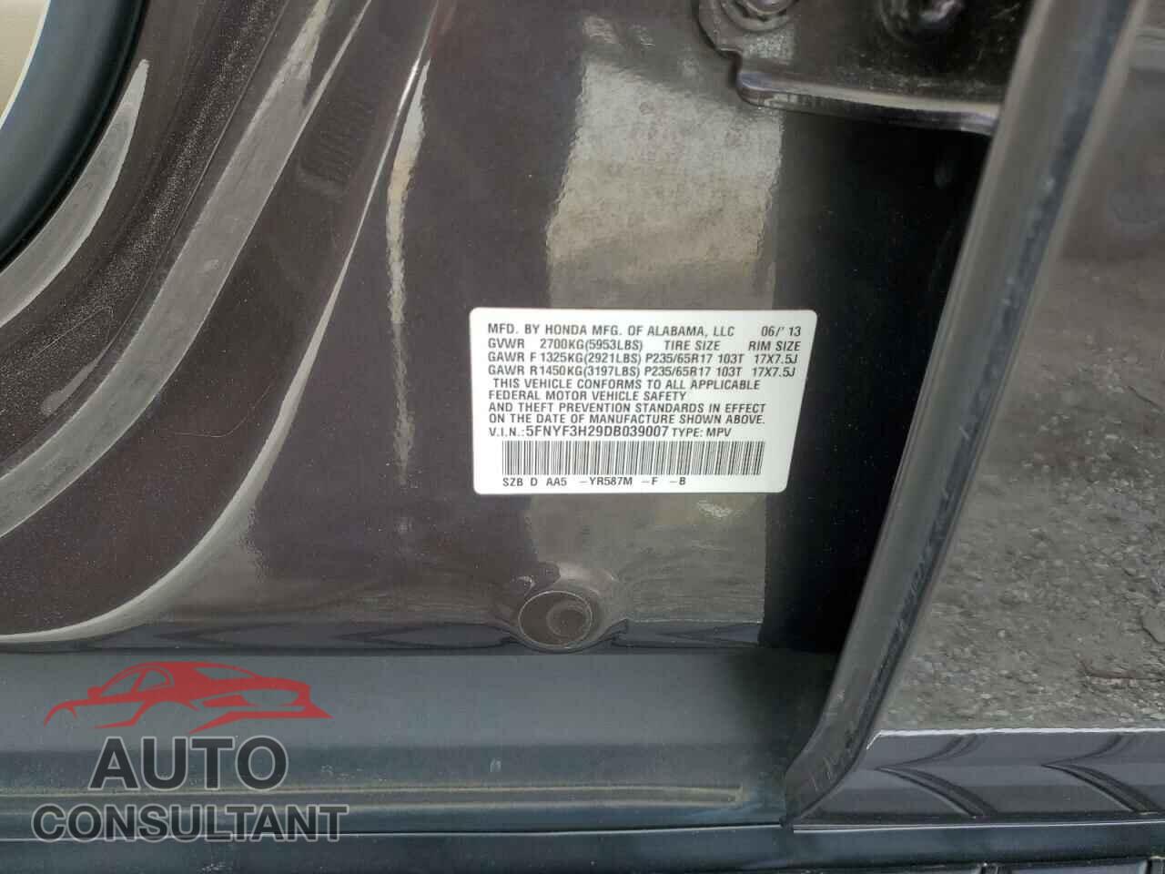 HONDA PILOT 2013 - 5FNYF3H29DB039007