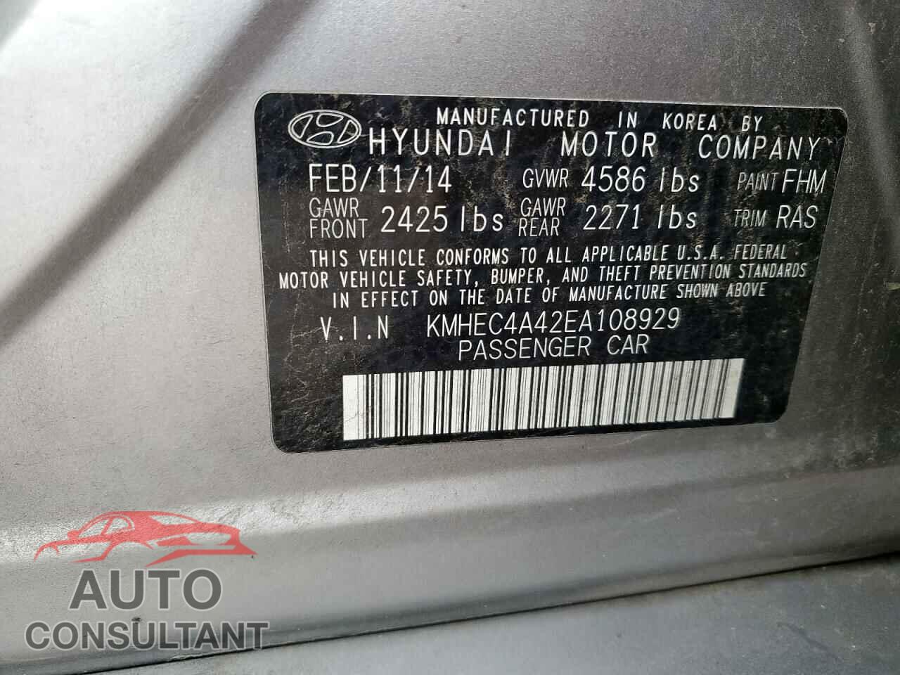HYUNDAI SONATA 2014 - KMHEC4A42EA108929