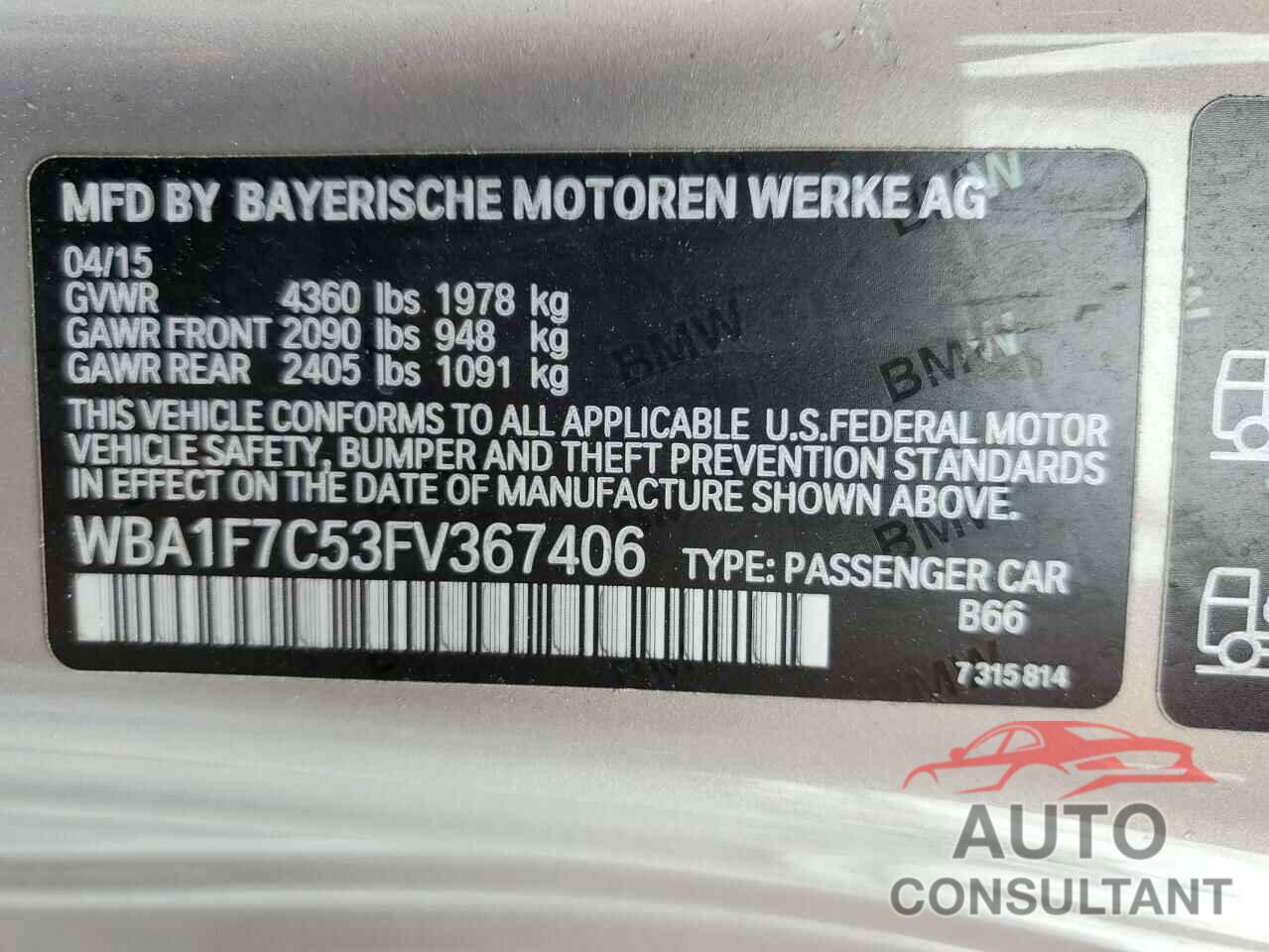 BMW 2 SERIES 2015 - WBA1F7C53FV367406