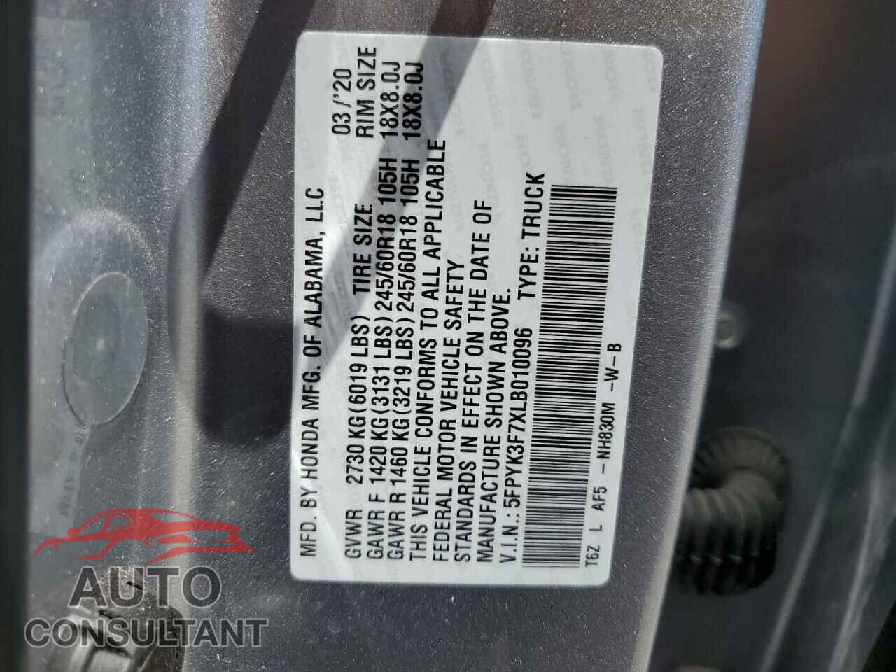 HONDA RIDGELINE 2020 - 5FPYK3F7XLB010096
