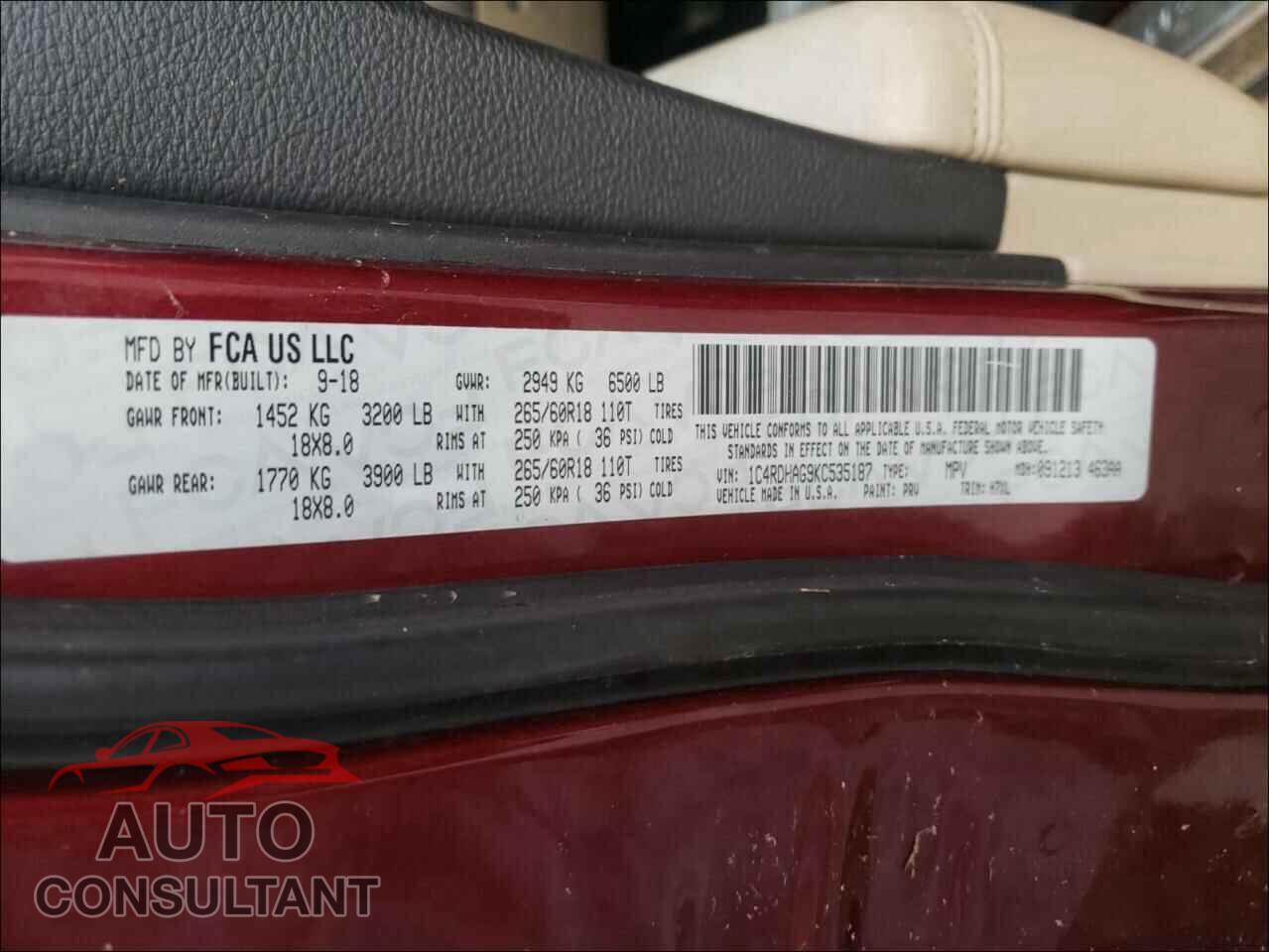 DODGE DURANGO 2019 - 1C4RDHAG9KC535187