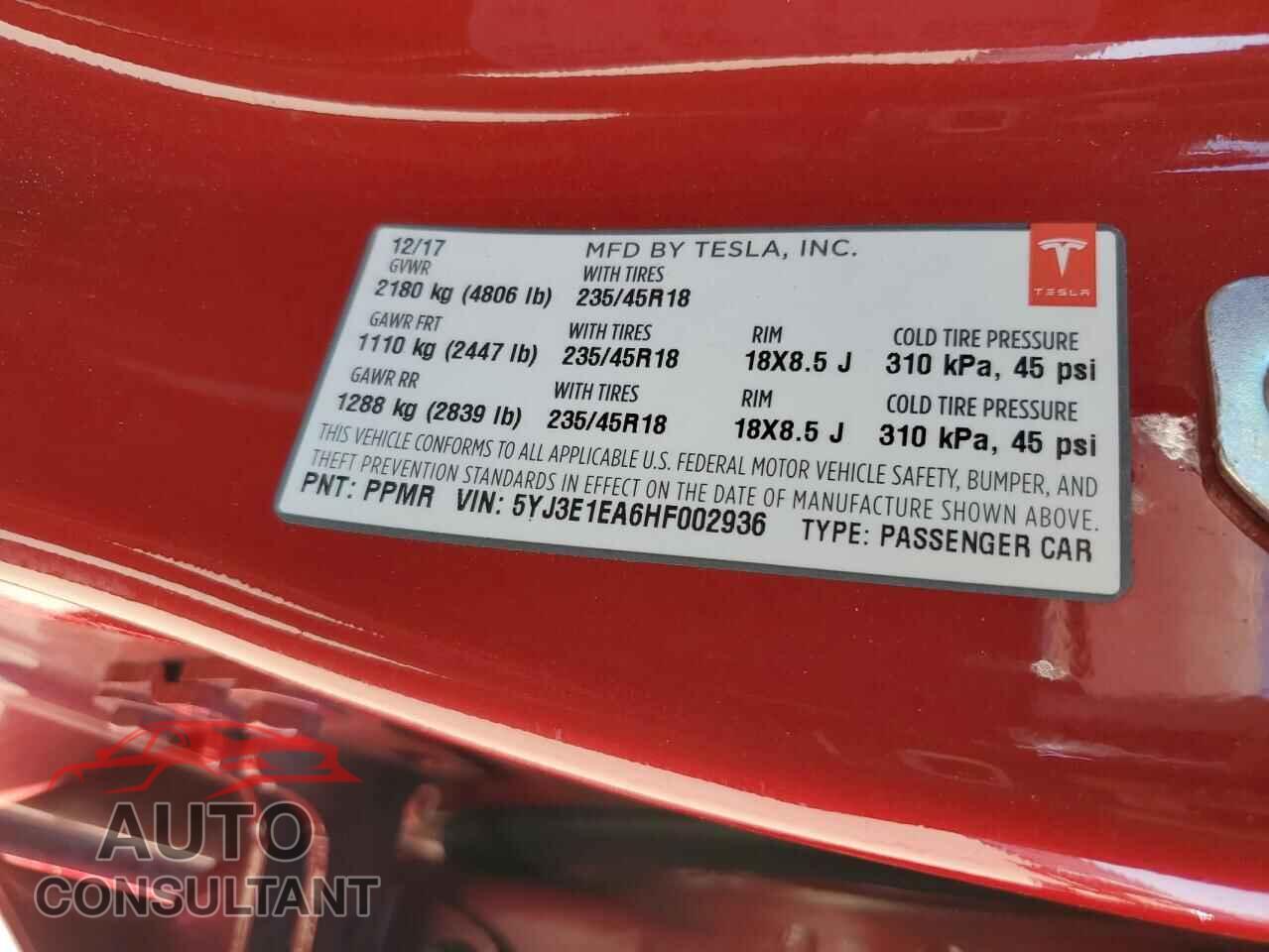TESLA MODEL 3 2017 - 5YJ3E1EA6HF002936
