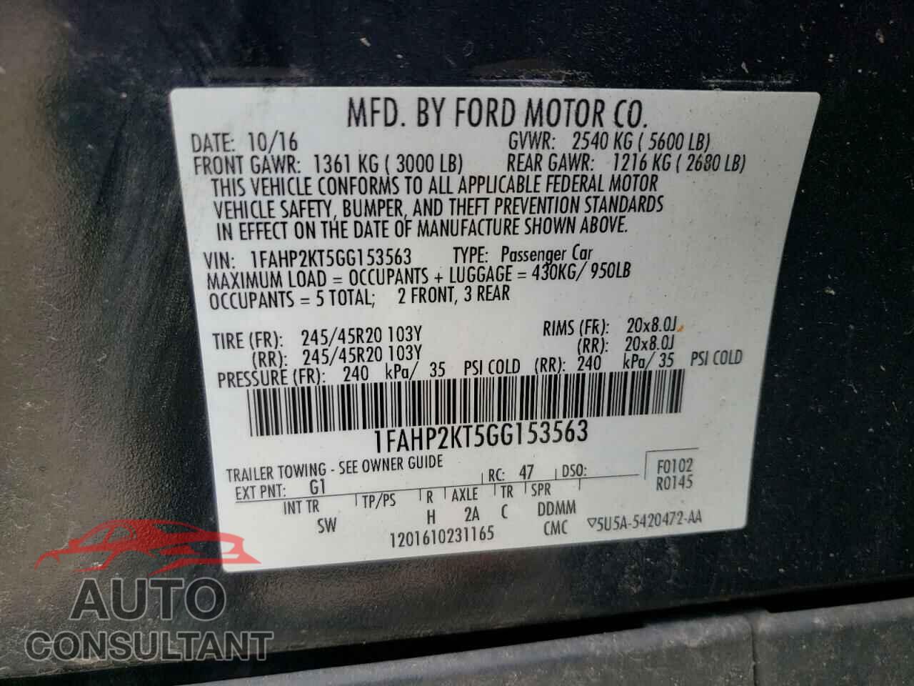 FORD TAURUS 2016 - 1FAHP2KT5GG153563