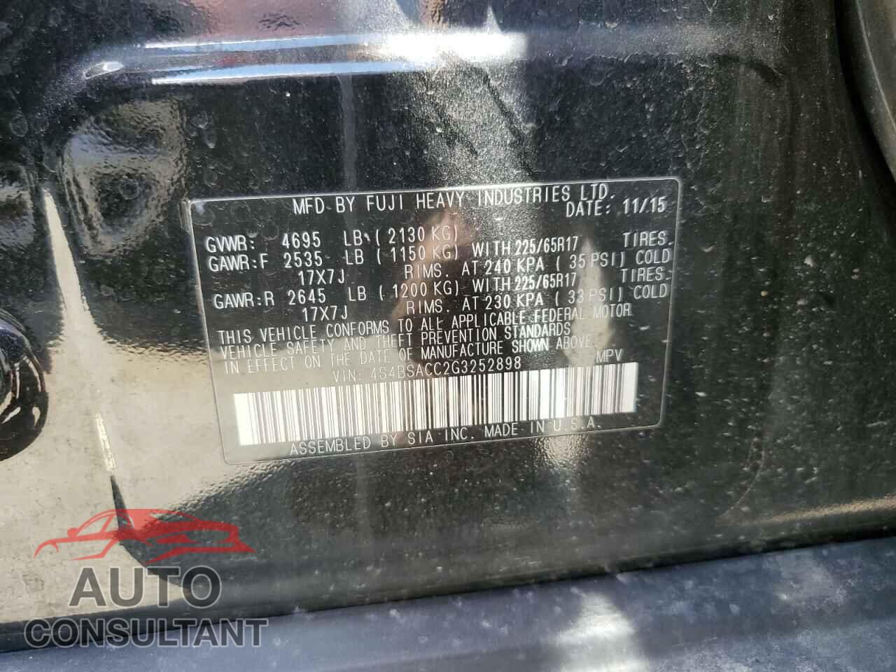 SUBARU OUTBACK 2016 - 4S4BSACC2G3252898