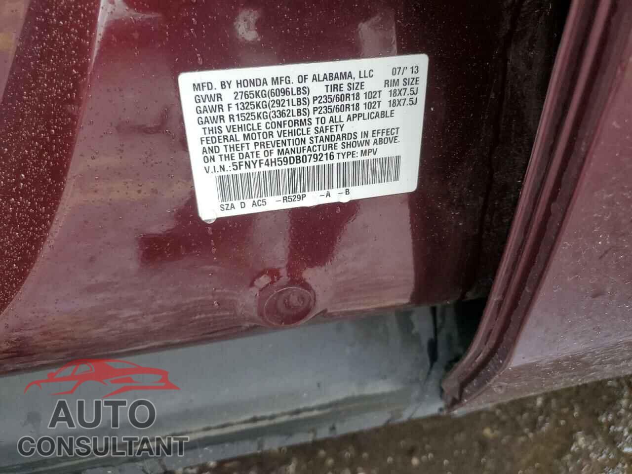 HONDA PILOT 2013 - 5FNYF4H59DB079216