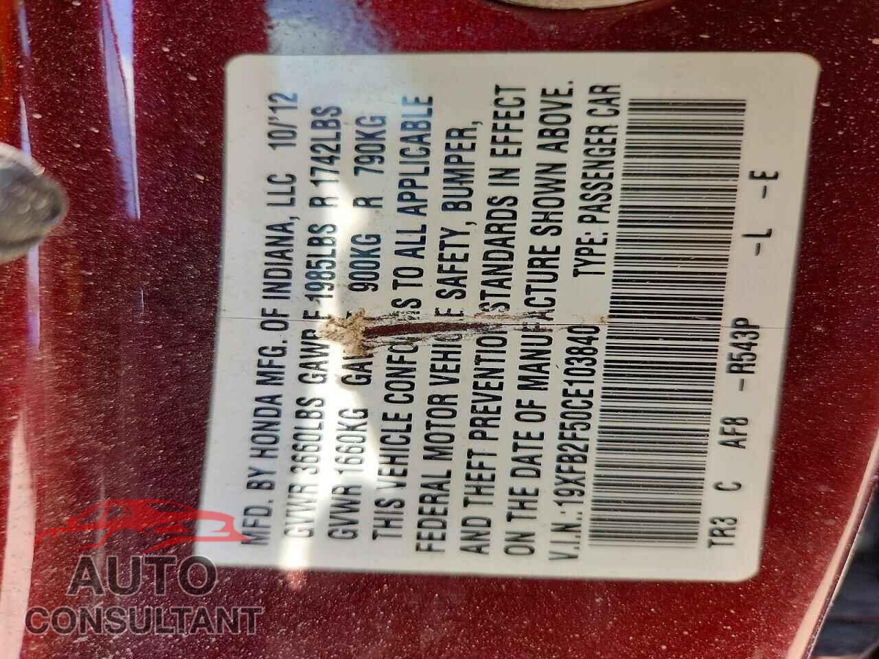 HONDA CIVIC 2012 - 19XFB2F50CE103840