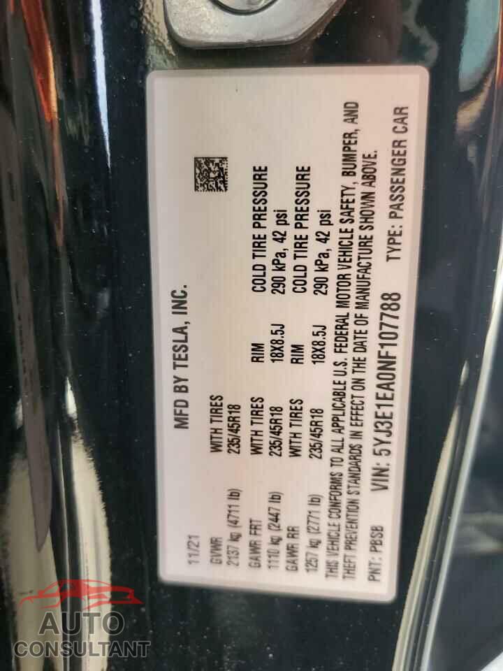 TESLA MODEL 3 2022 - 5YJ3E1EA0NF107788