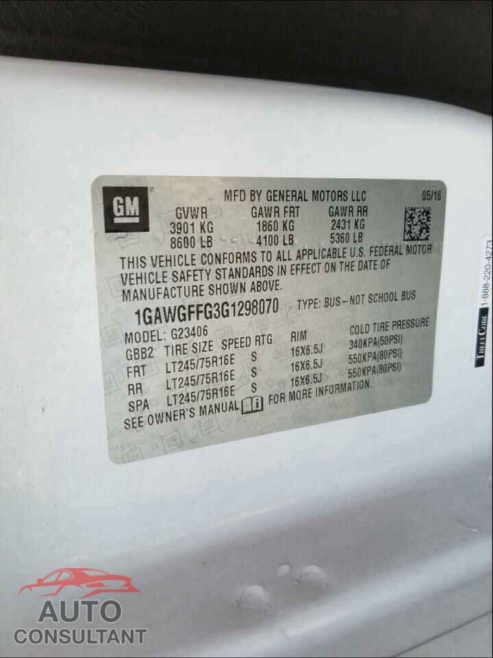 CHEVROLET EXPRESS 2016 - 1GAWGFFG3G1298070