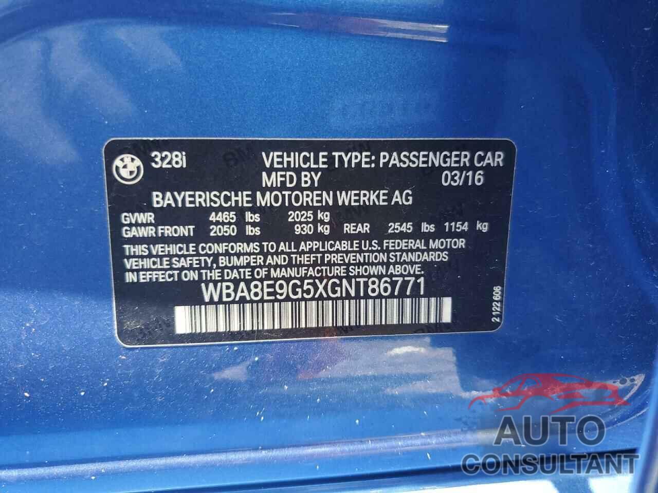 BMW 3 SERIES 2016 - WBA8E9G5XGNT86771