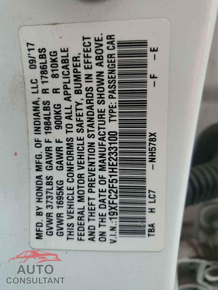 HONDA CIVIC 2017 - 19XFC2F51HE233100