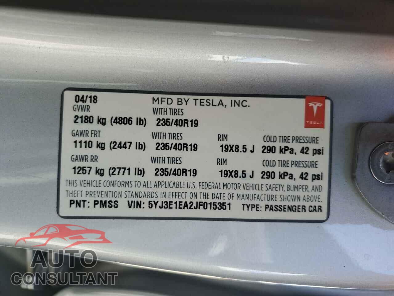 TESLA MODEL 3 2018 - 5YJ3E1EA2JF015351