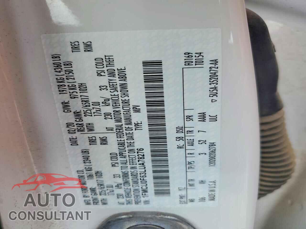 FORD ESCAPE 2020 - 1FMCU0F63LUA78276