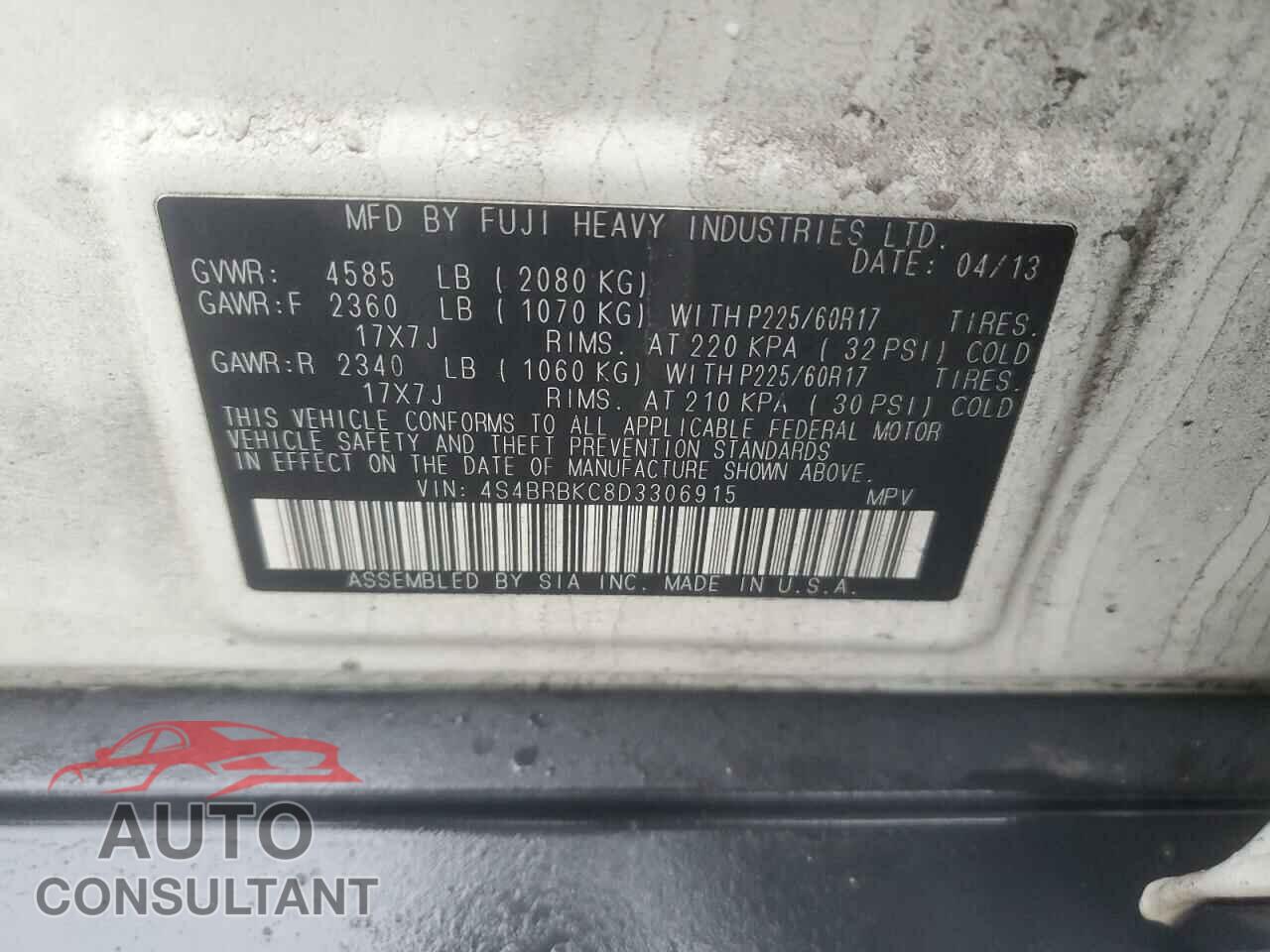 SUBARU OUTBACK 2013 - 4S4BRBKC8D3306915