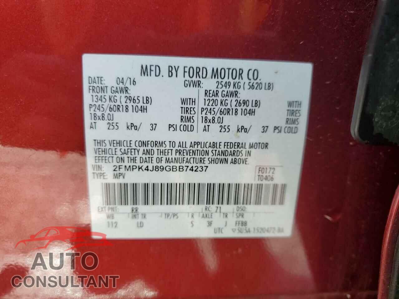 FORD EDGE 2016 - 2FMPK4J89GBB74237