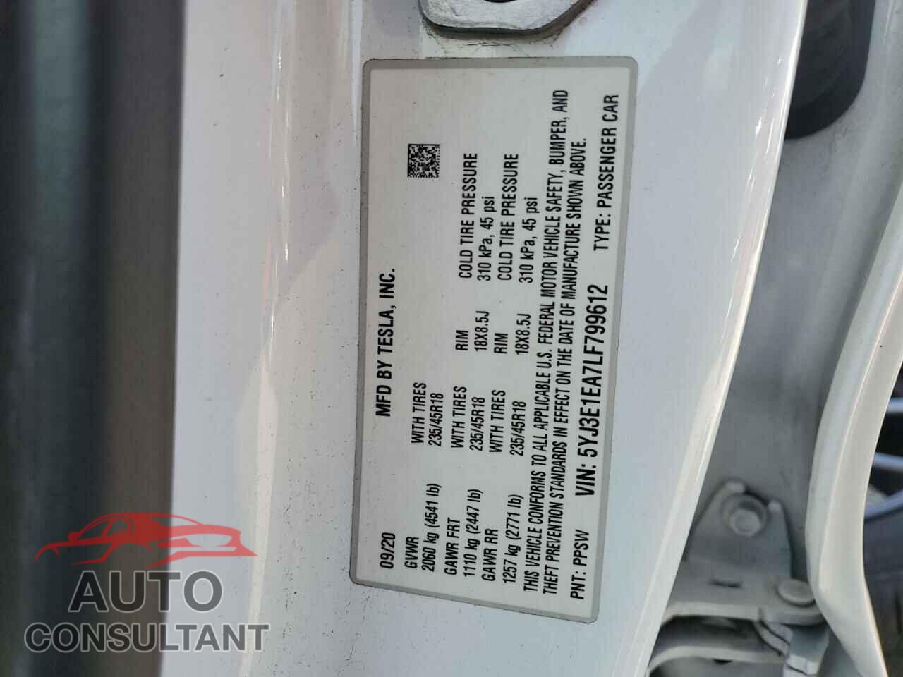 TESLA MODEL 3 2020 - 5YJ3E1EA7LF799612
