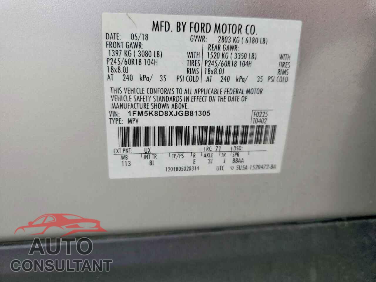 FORD EXPLORER 2018 - 1FM5K8D8XJGB81305