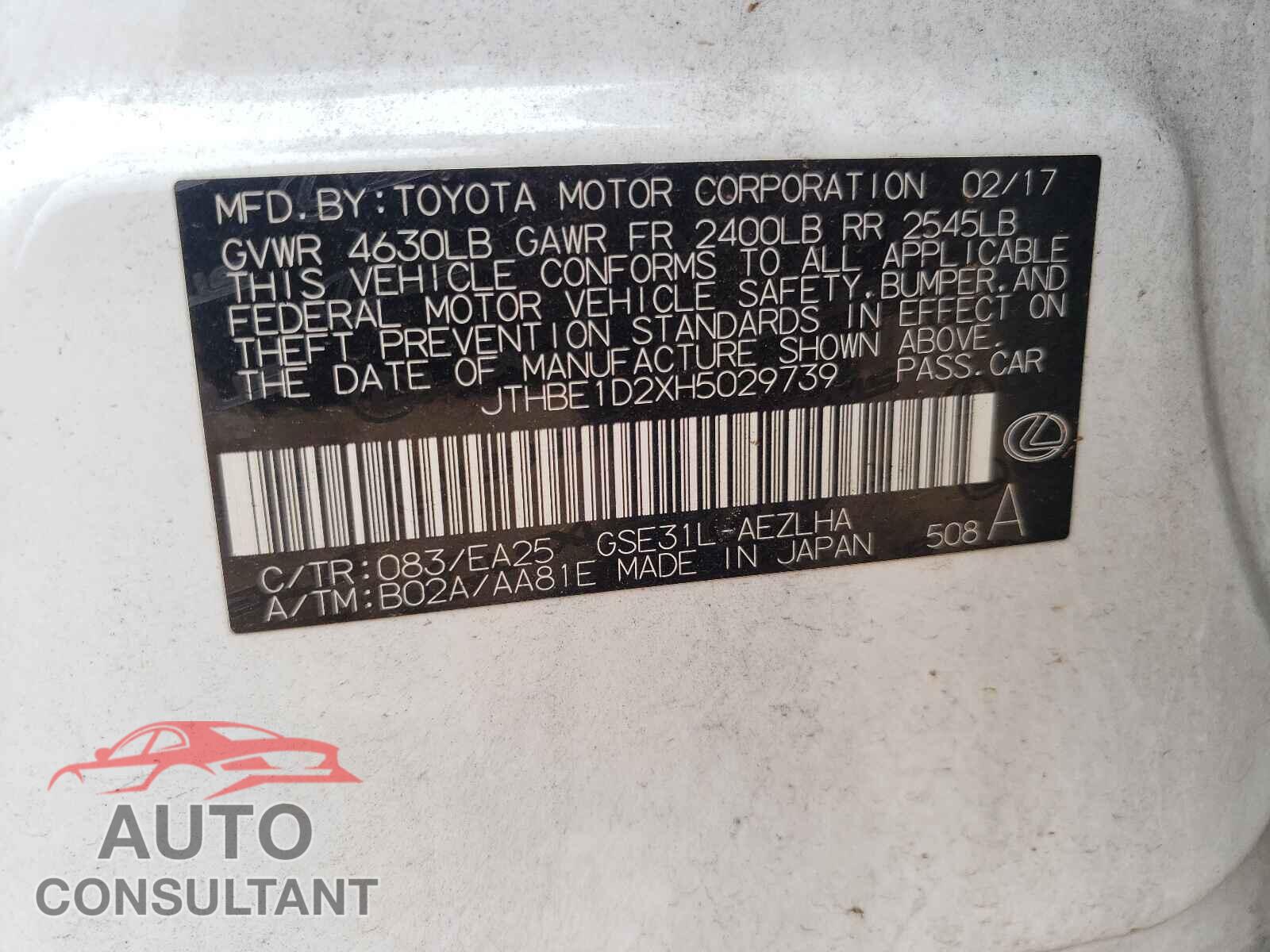LEXUS IS 2017 - JTHBE1D2XH5029739