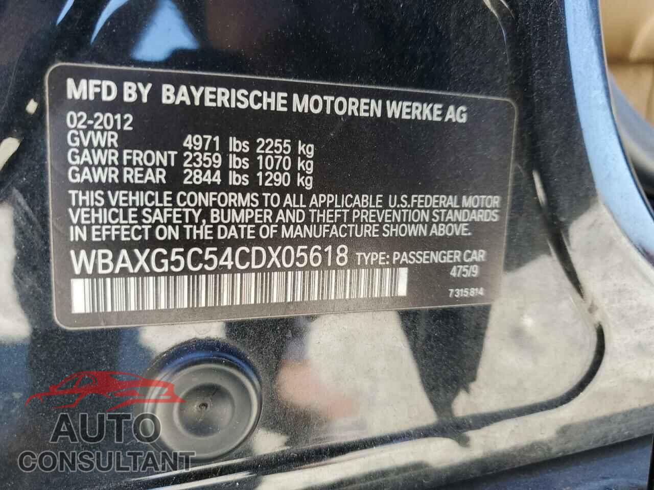 BMW 5 SERIES 2012 - WBAXG5C54CDX05618
