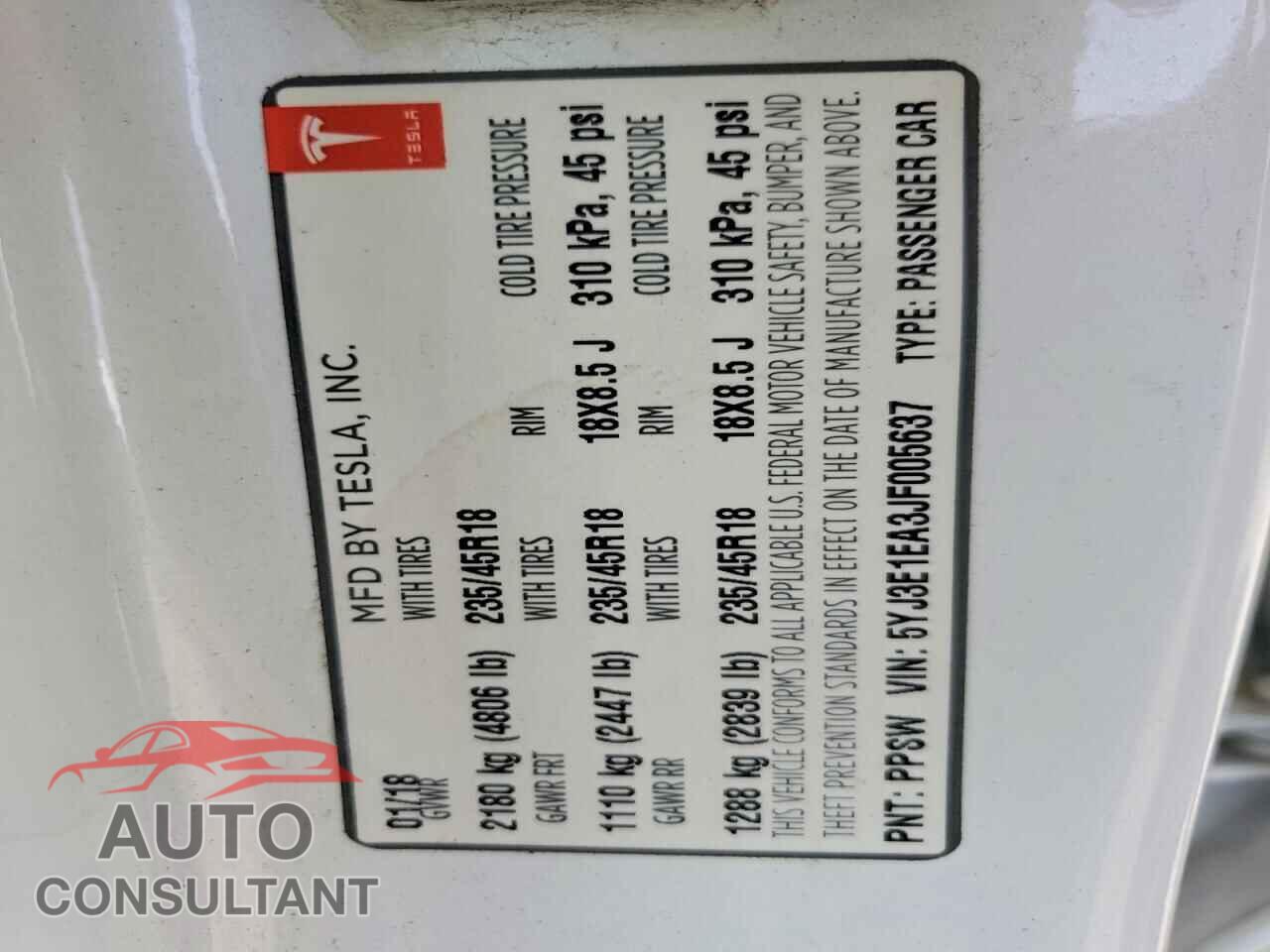 TESLA MODEL 3 2018 - 5YJ3E1EA3JF005637