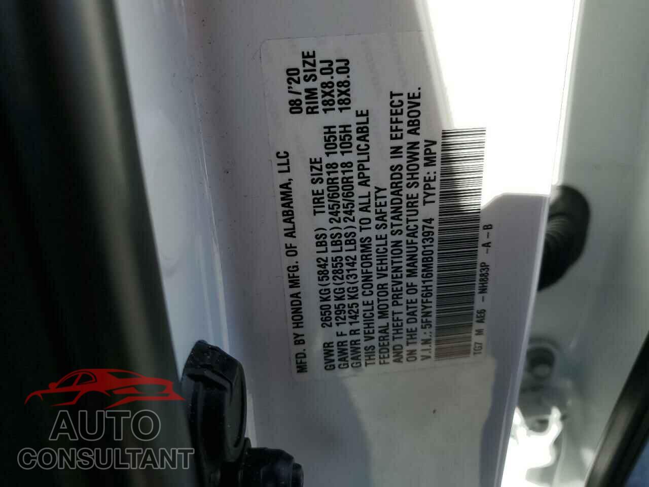 HONDA PILOT 2021 - 5FNYF6H16MB013974
