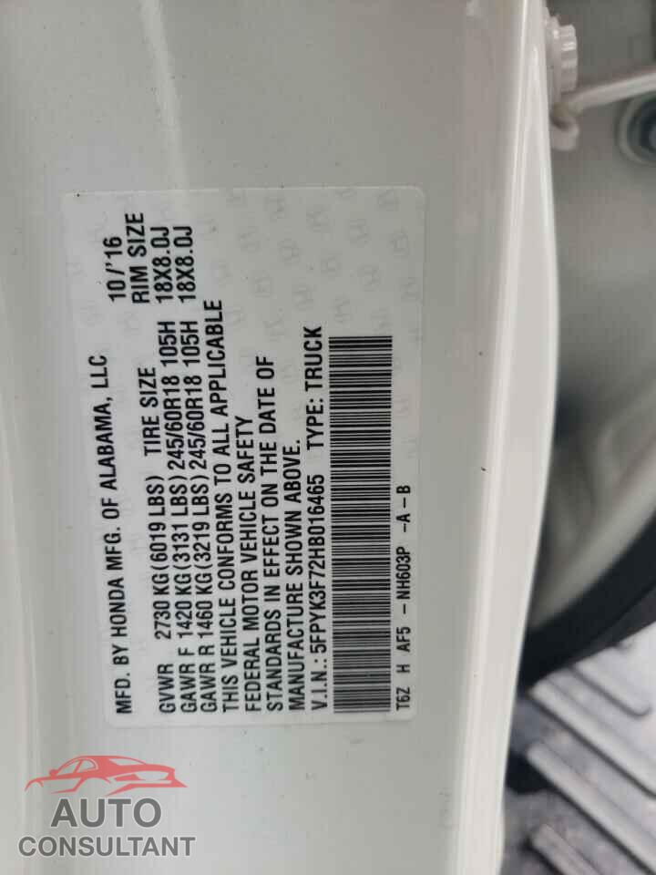 HONDA RIDGELINE 2017 - 5FPYK3F72HB016465