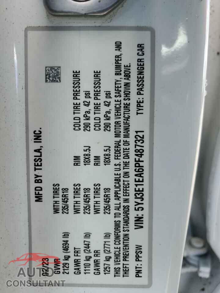 TESLA MODEL 3 2023 - 5YJ3E1EA6PF487321