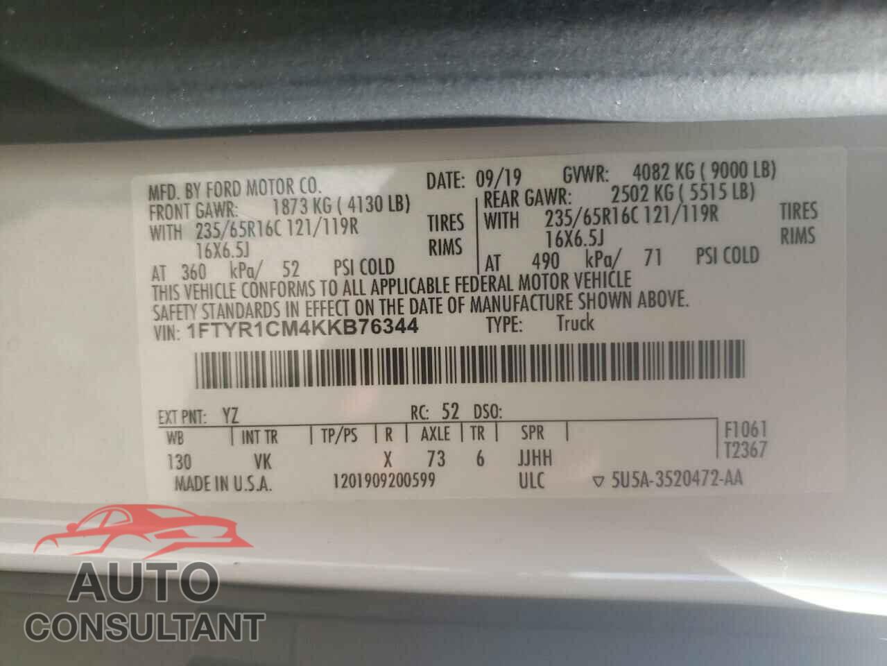 FORD TRANSIT 2019 - 1FTYR1CM4KKB76344