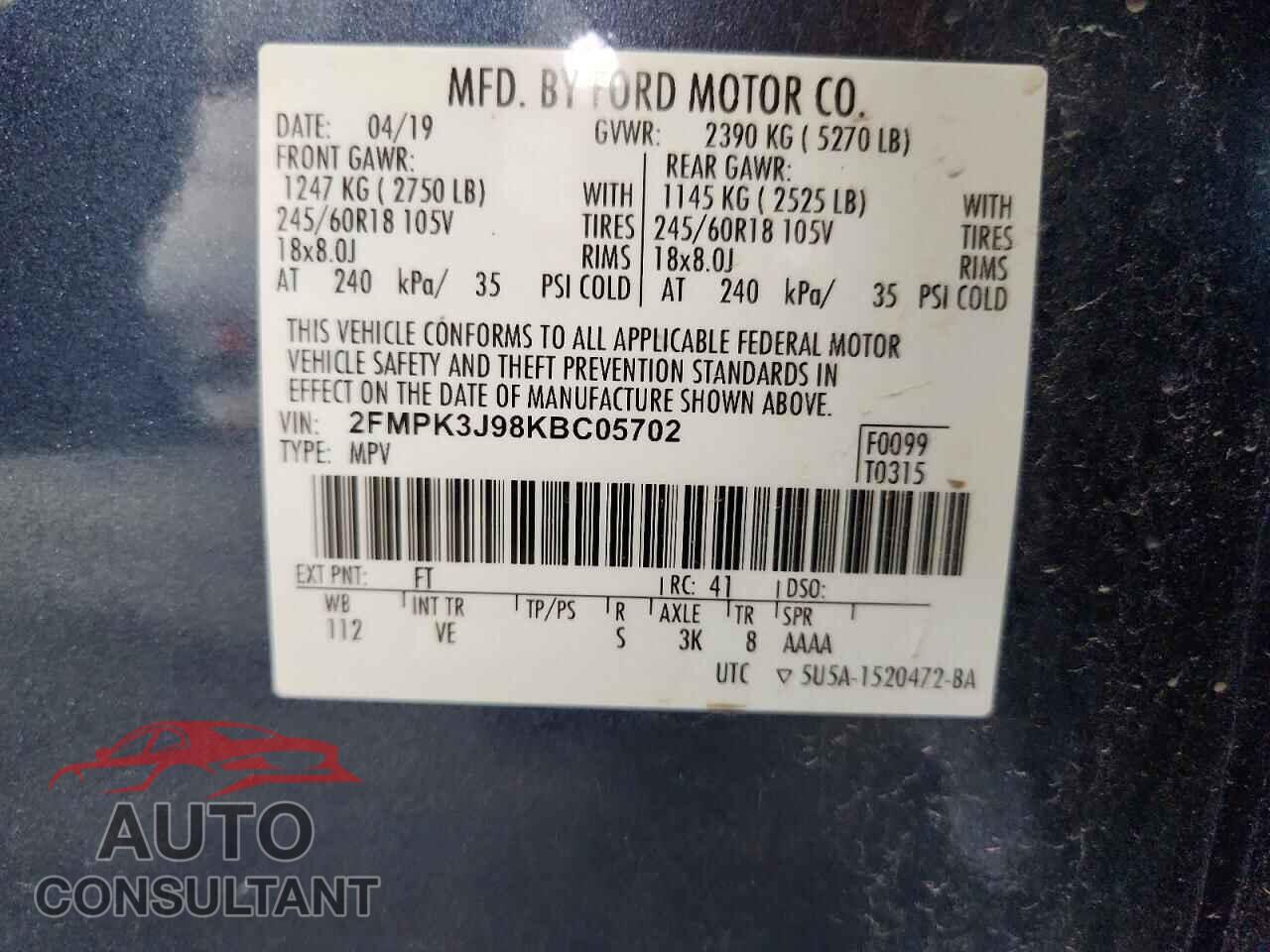 FORD EDGE 2019 - 2FMPK3J98KBC05702