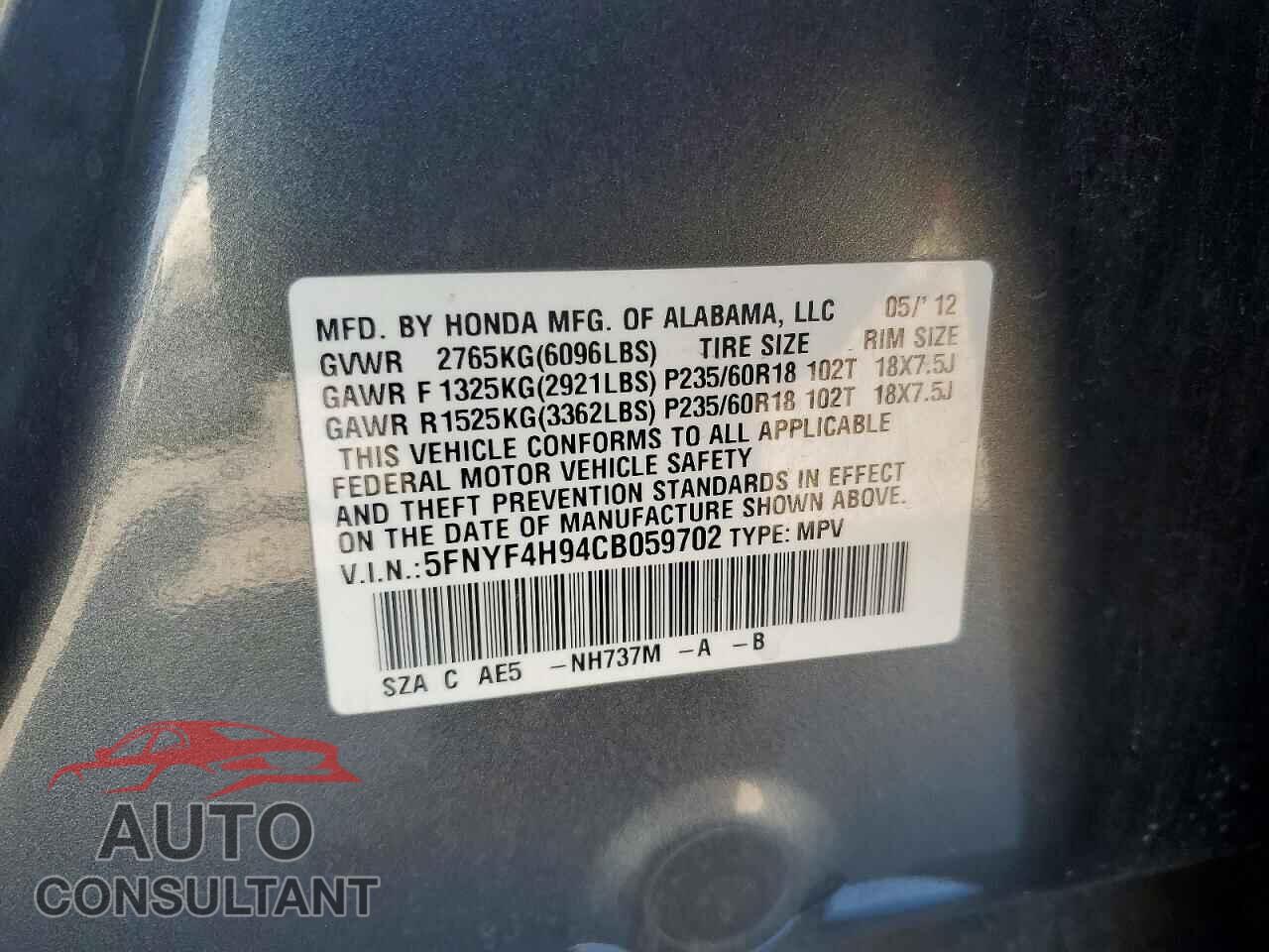 HONDA PILOT 2012 - 5FNYF4H94CB059702