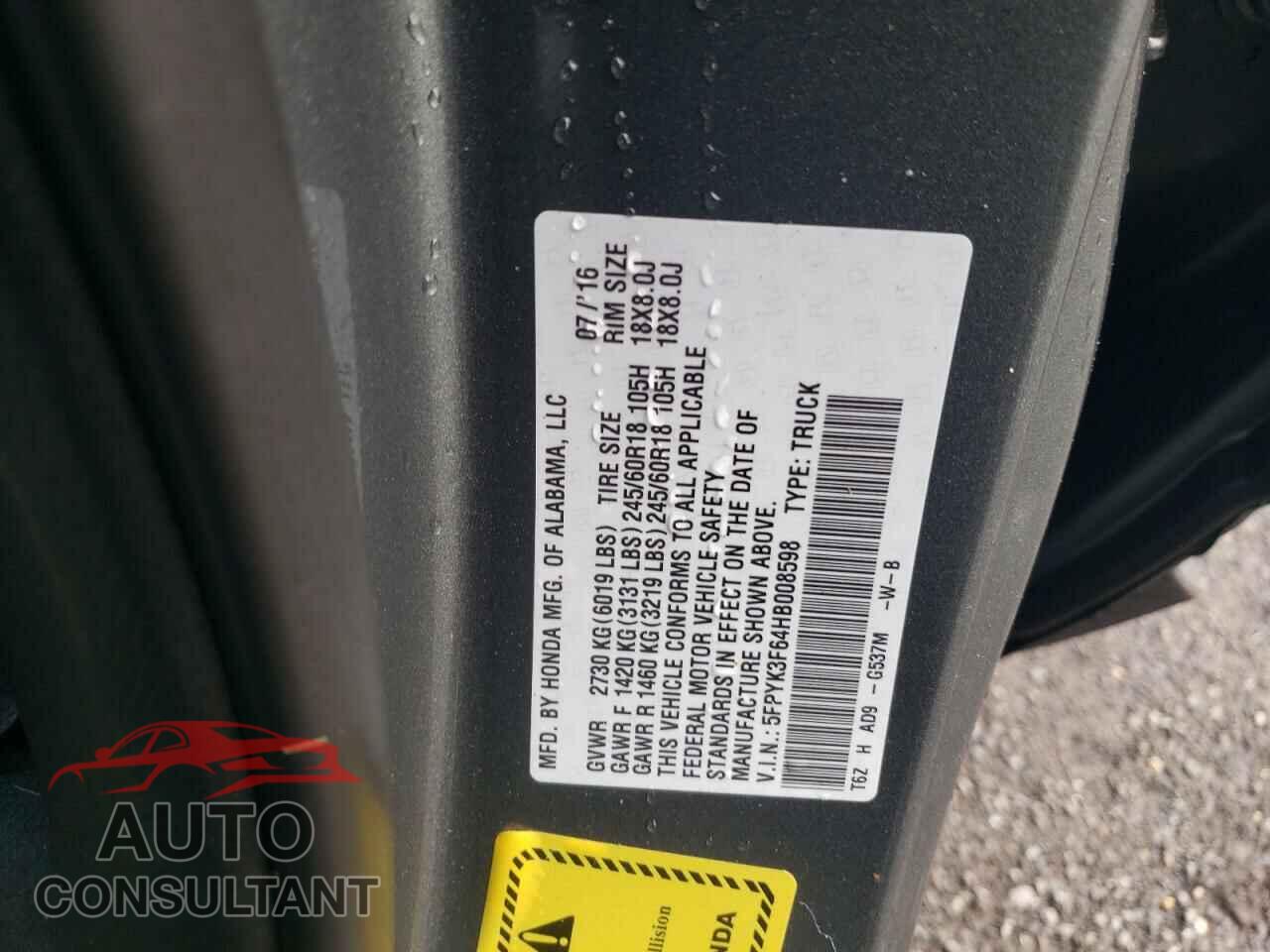 HONDA RIDGELINE 2017 - 5FPYK3F64HB008598