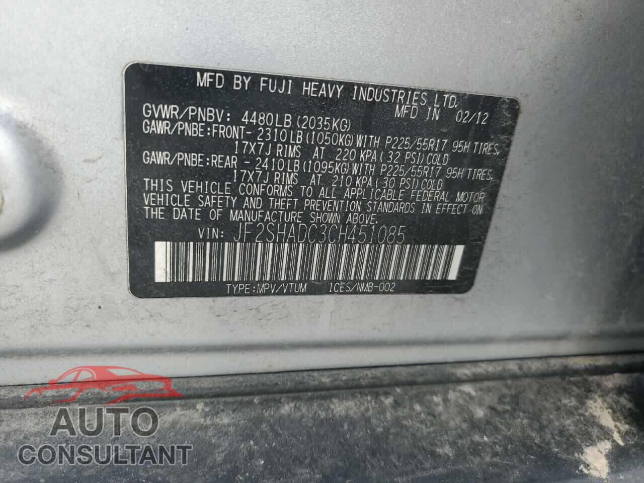 SUBARU FORESTER 2012 - JF2SHADC3CH451085
