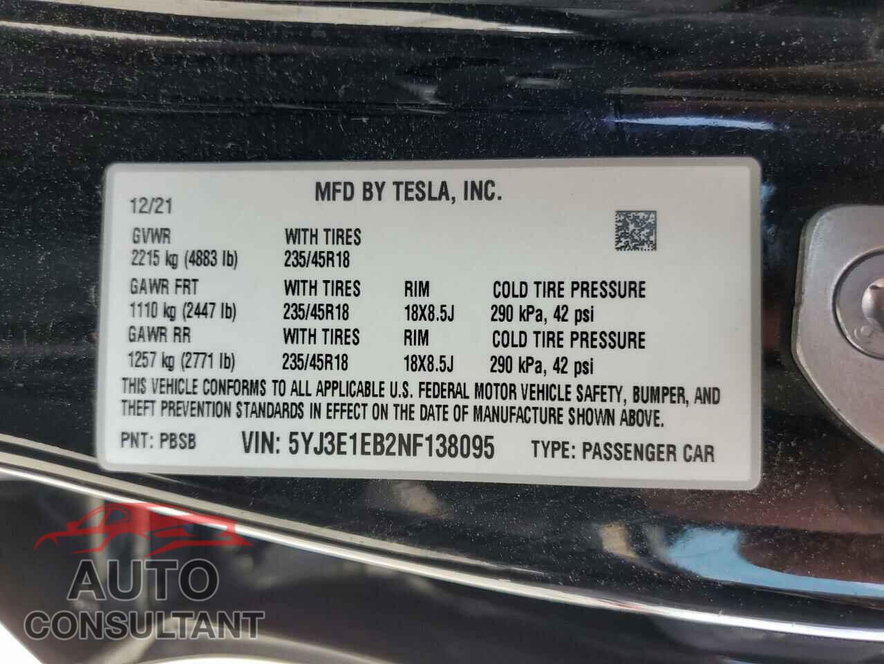 TESLA MODEL 3 2022 - 5YJ3E1EB2NF138095