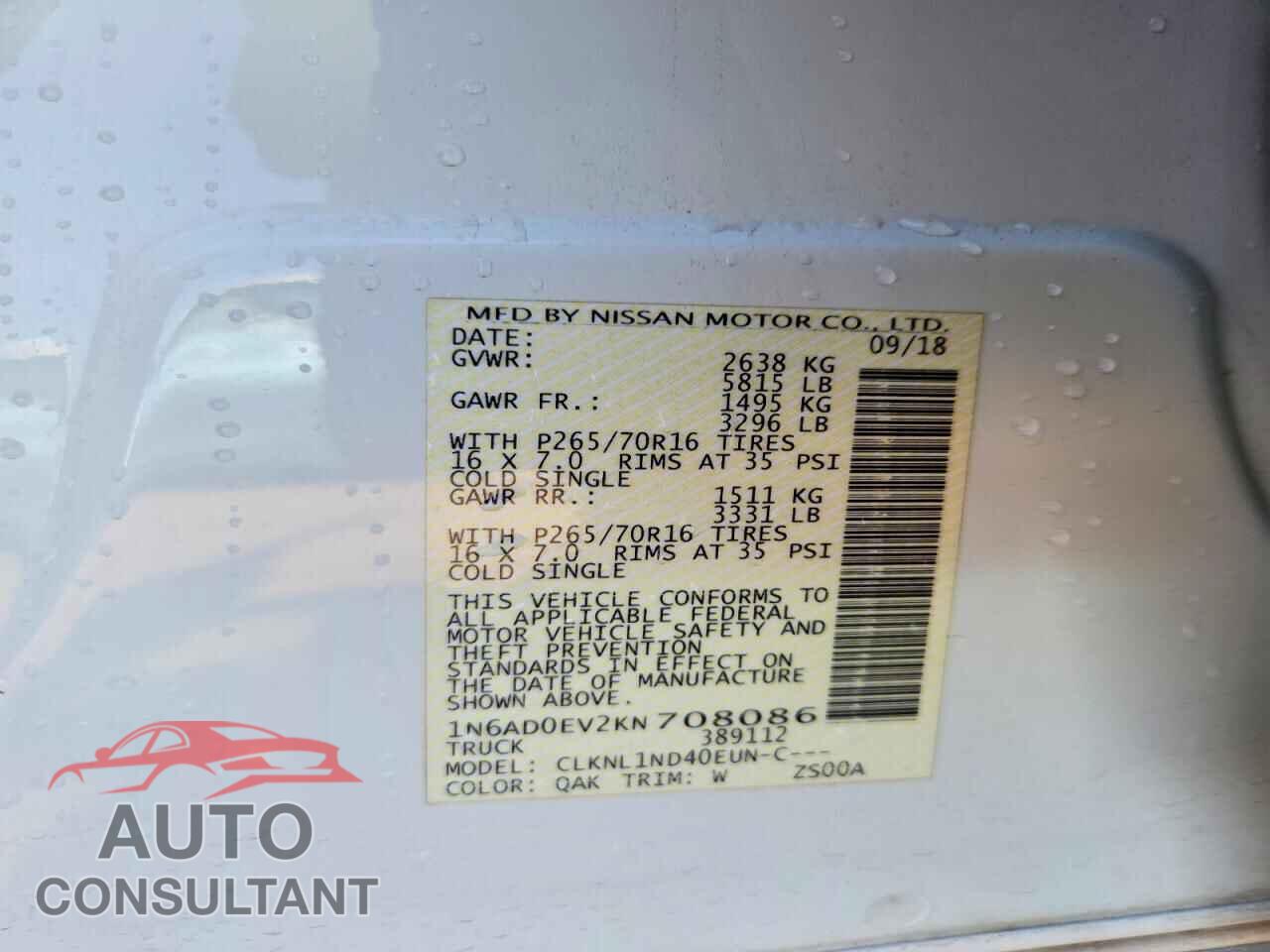 NISSAN FRONTIER 2019 - 1N6AD0EV2KN708086