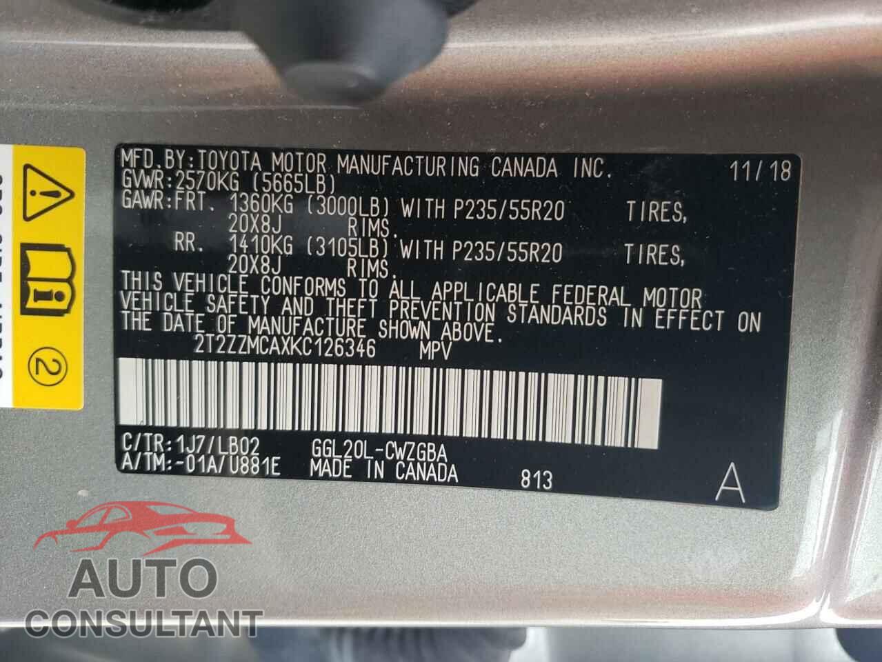 LEXUS RX350 2019 - 2T2ZZMCAXKC126346