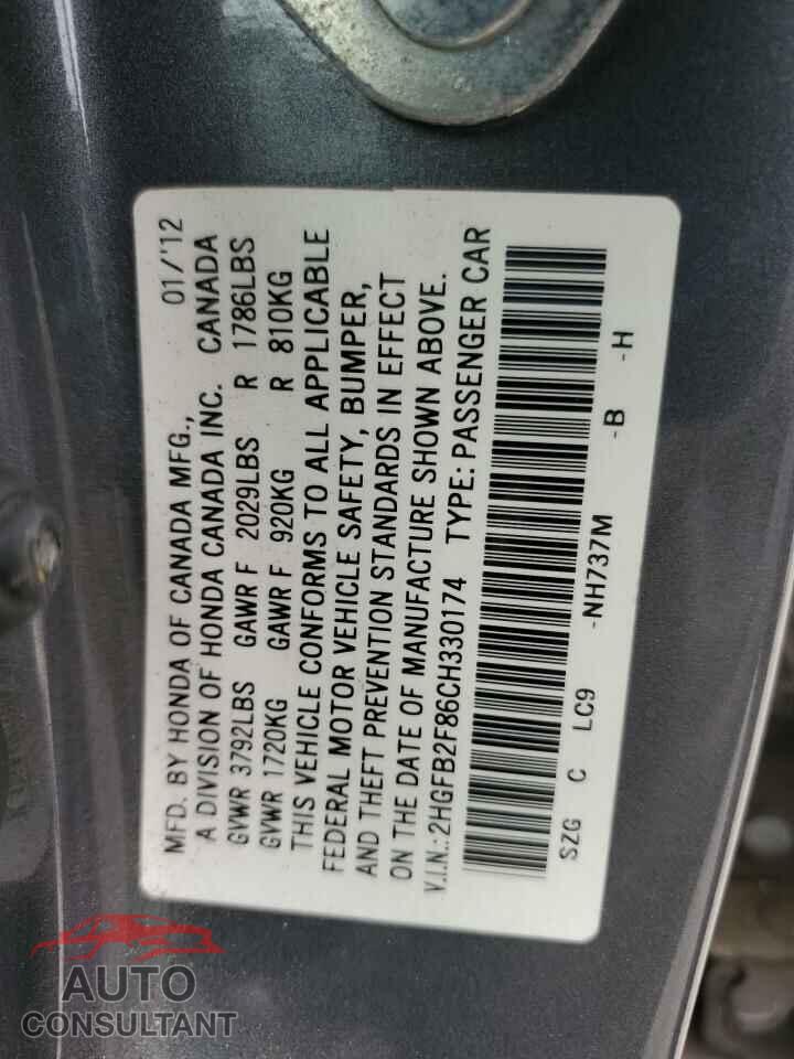 HONDA CIVIC 2012 - 2HGFB2F86CH330174